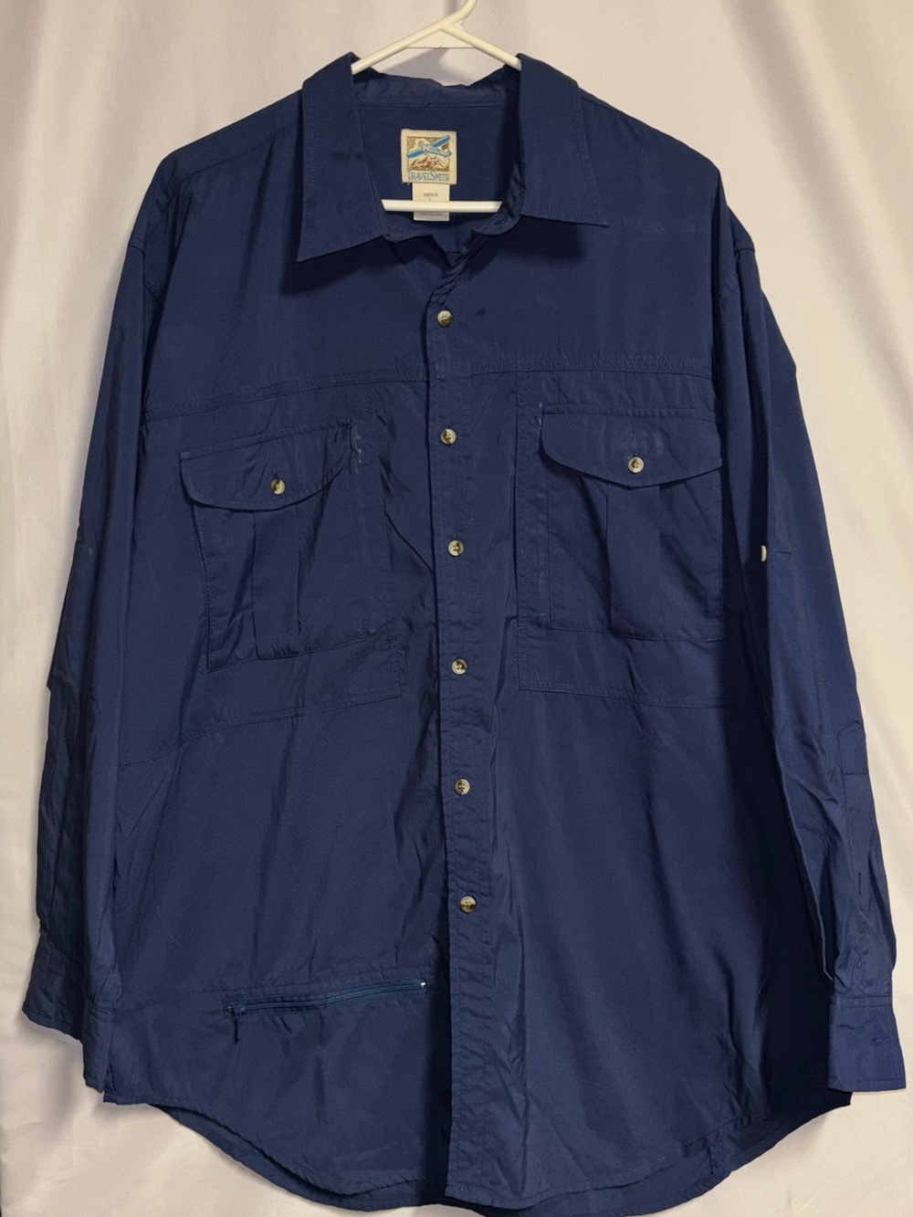 VTG TravelSmith Mens Utility Shirt Size L Blue Vented Long Sleeve Roll Tab Zip